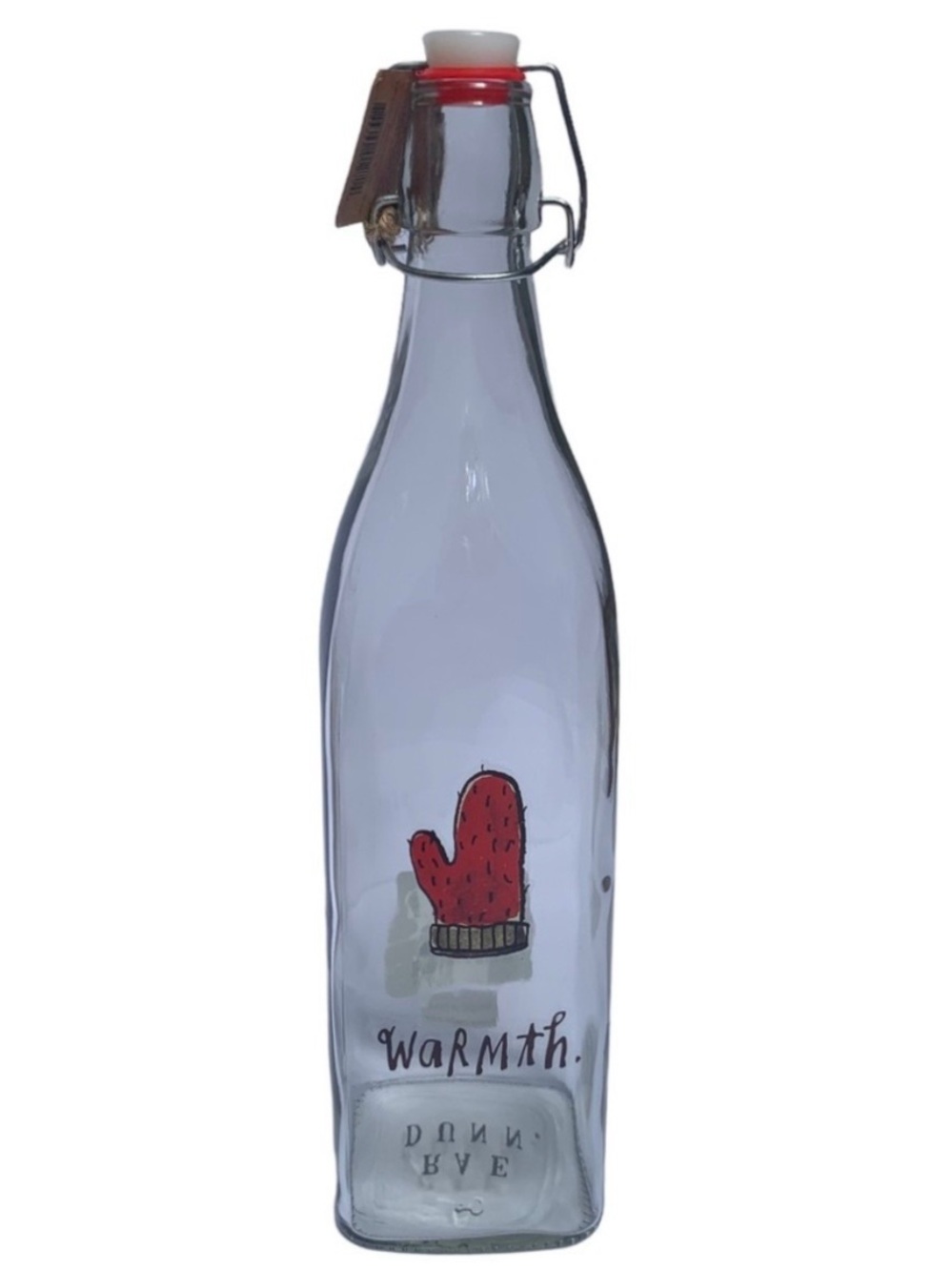 Rae Dunn Bail & Trigger Warmth Glass Bottle Red Mitten Graphic NWT 2017 Rare